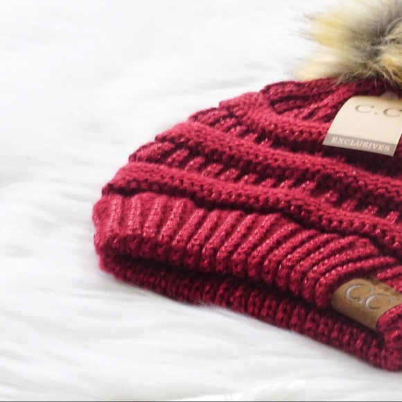 Metallic CC Pom Pom Beanie Burgundy Red Knit - Picture 2 of 5
